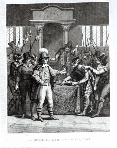 Oliver Cromwell (1599-1658) löst das Lange Parlament im Jahr 1653 auf von English School